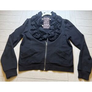 Starling Black 100% Cotton Zip Front Jacket W/ Ruffle Collar &‎ Pockets Sz S